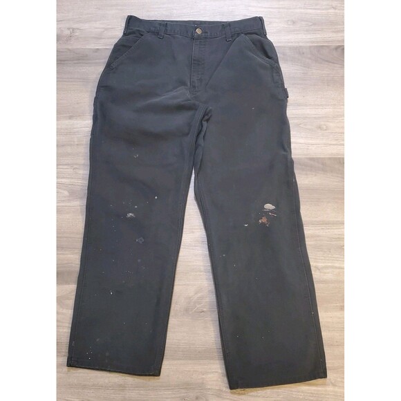 VTG Carhartt Work Pant Mens 35x32 Black Carpenter Canvas Grunge B11 BLK Distress - Picture 1 of 8